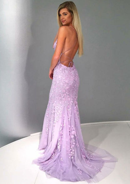Dazzling Purpletti Strap Applique Backless Mermaid Prom Dress