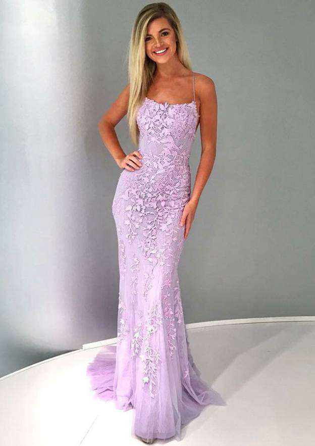 Dazzling Purpletti Strap Applique Backless Mermaid Prom Dress