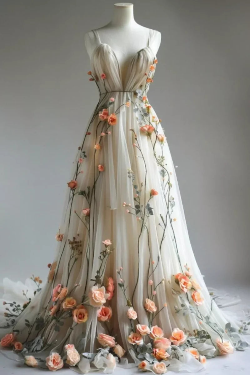 Deep V Neck Wedding Dresses 3D Flowers Appliques Tulle A-line Prom Gowns