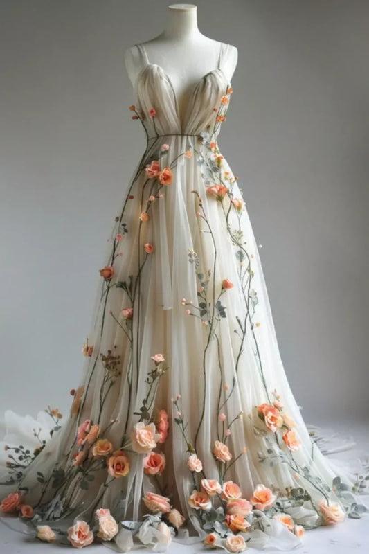 Deep V Neck Wedding Dresses 3D Flowers Appliques Tulle A-line Prom Gowns