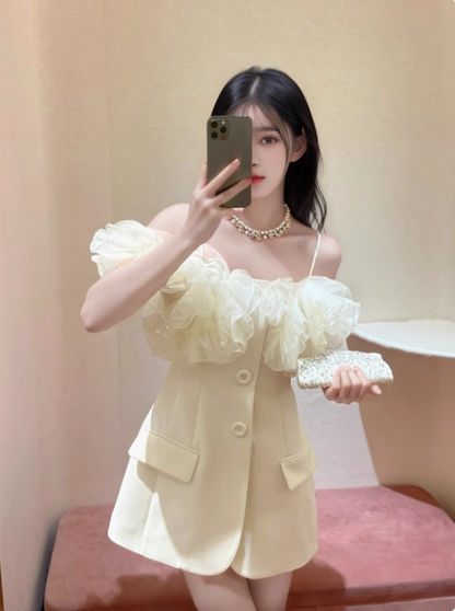 Designer Suit Ruffled Satin Suspenders Birthday Skirt Homecoming Dress