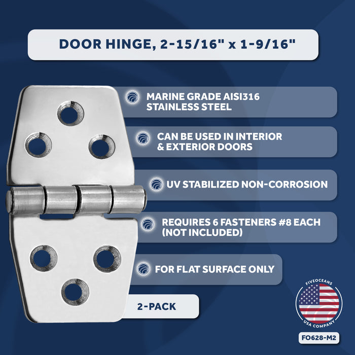 Door Hinge 3" x 1-9/16", AISI 316 Stainless Steel, 2-Pack - FO628-M2 - Five Oceans