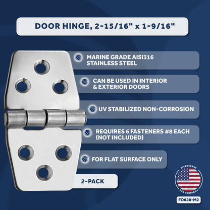Door Hinge 3" x 1-9/16", AISI 316 Stainless Steel, 2-Pack - FO628-M2 - Five Oceans