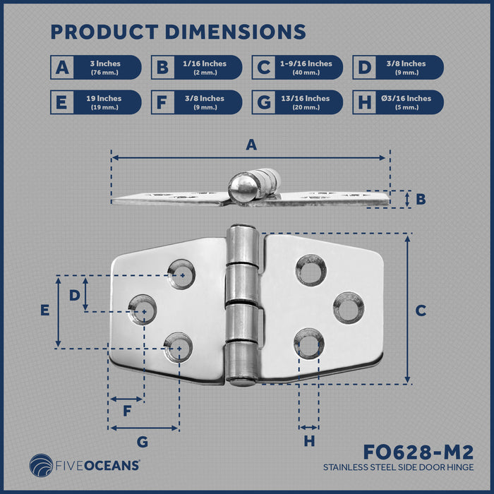 Door Hinge 3" x 1-9/16", AISI 316 Stainless Steel, 2-Pack - FO628-M2 - Five Oceans