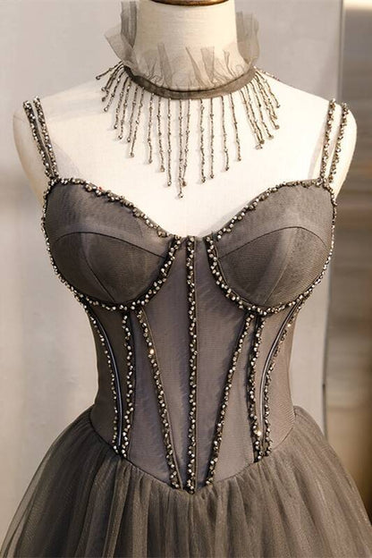 Double Straps Grey A-line Long Prom Dress