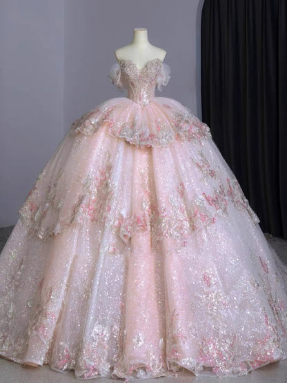 Dreamy Ball Gown Off The Shoulder Pink Lace Long Wedding Dresses With Beads