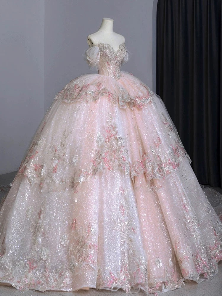 Dreamy Ball Gown Off The Shoulder Pink Lace Long Wedding Dresses With Beads
