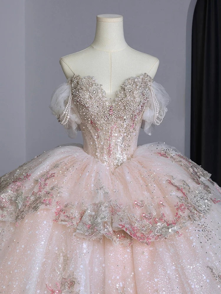Dreamy Ball Gown Off The Shoulder Pink Lace Long Wedding Dresses With Beads