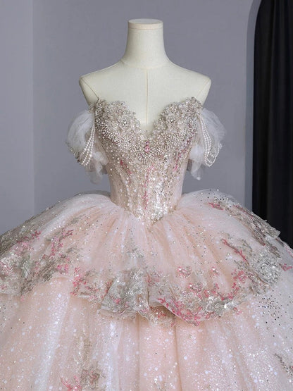 Dreamy Ball Gown Off The Shoulder Pink Lace Long Wedding Dresses With Beads