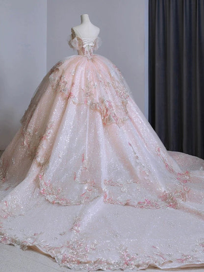 Dreamy Ball Gown Off The Shoulder Pink Lace Long Wedding Dresses With Beads