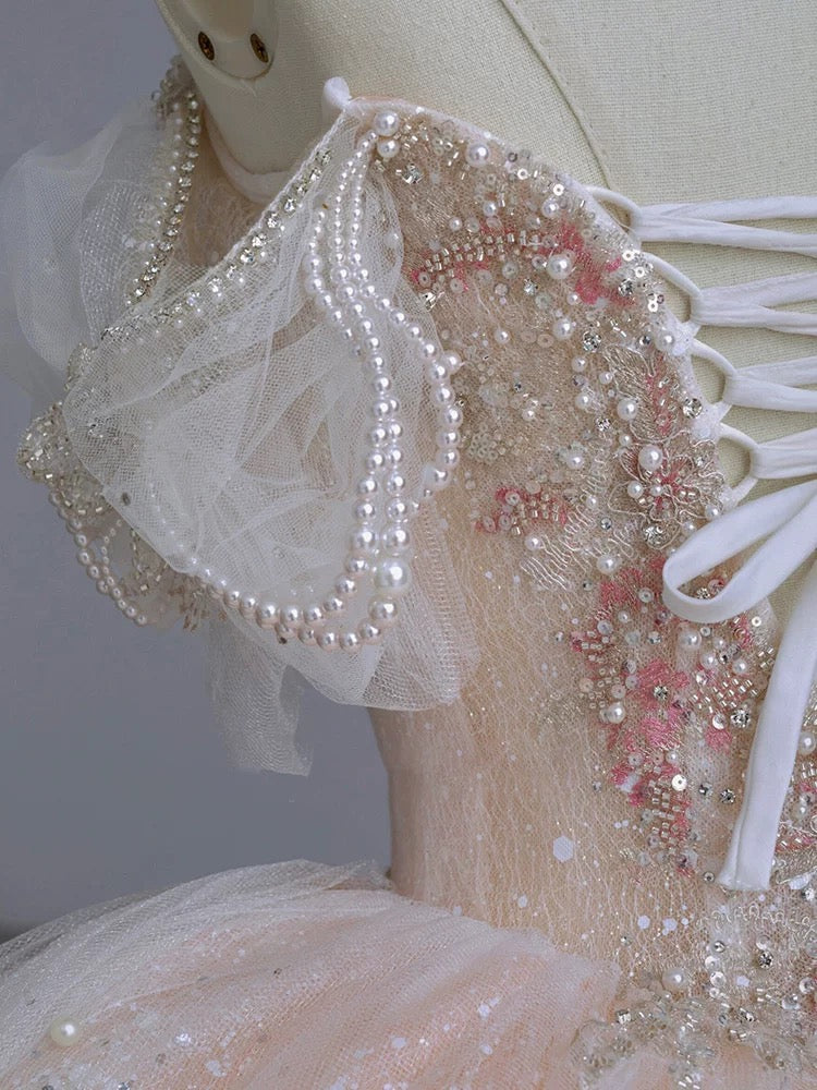 Dreamy Ball Gown Off The Shoulder Pink Lace Long Wedding Dresses With Beads