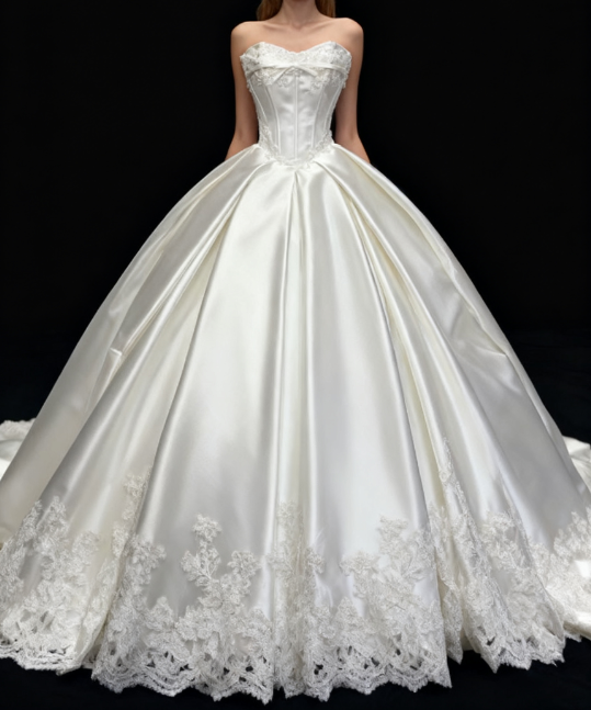 Dreamy Ball Gown Strapless Satin Lace Long Wedding Dresses