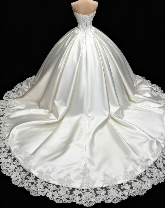 Dreamy Ball Gown Strapless Satin Lace Long Wedding Dresses