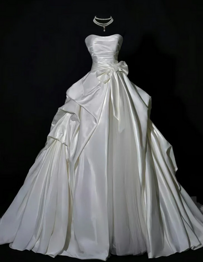 Dreamy Ball Gown Strapless Satin Long Wedding Dresses