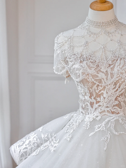 Dreamy Ball Gown Tulle Applique Beads Long Wedding Dresses