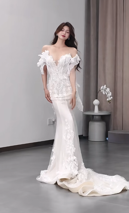 Dreamy Mermaid Off The Shoulder Satin Tulle Lace Beads Long Wedding Dresses