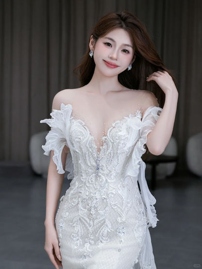 Dreamy Mermaid Off The Shoulder Satin Tulle Lace Beads Long Wedding Dresses