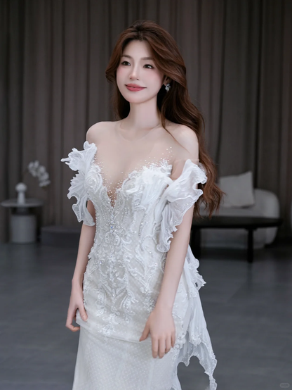 Dreamy Mermaid Off The Shoulder Satin Tulle Lace Beads Long Wedding Dresses