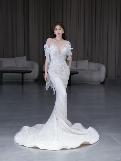 Dreamy Mermaid Off The Shoulder Satin Tulle Lace Beads Long Wedding Dresses