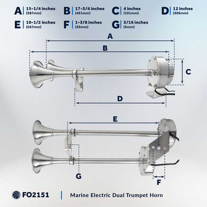 Electric Dual Trumpet Horn, 12V, Stainless Steel - FO2151 - Five Oceans