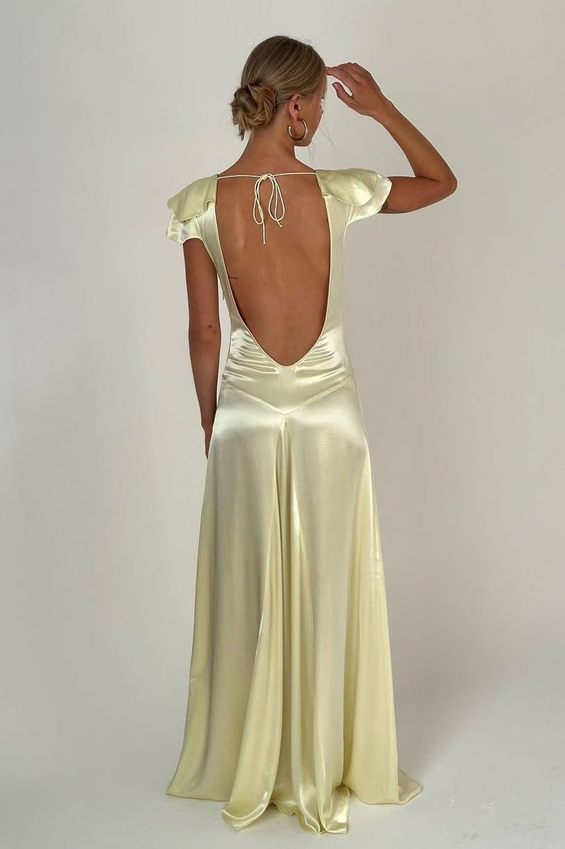 Elegant A Line Deep V Neck Yellow Long Party Dress with Open Back