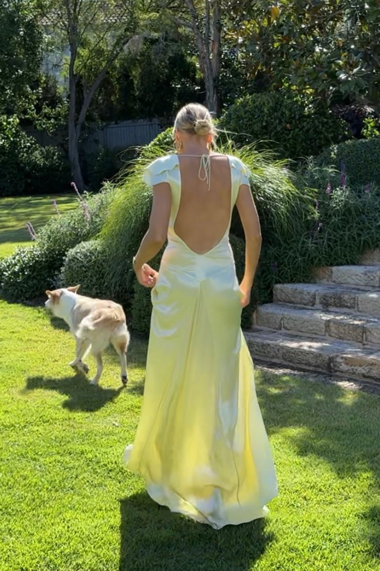 Elegant A Line Deep V Neck Yellow Long Party Dress with Open Back