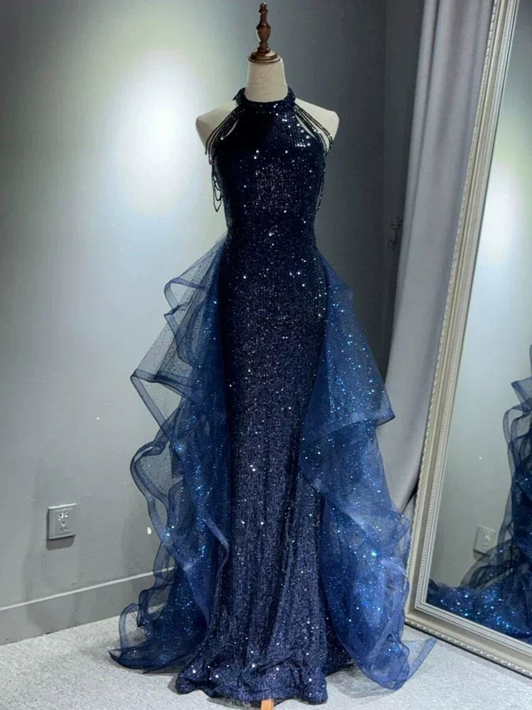 A-Line 🩵Midnight Blue Long Prom Dress for Quinceanera&Graduation -Halter Tulle&Sequin Formal Evening Dress
