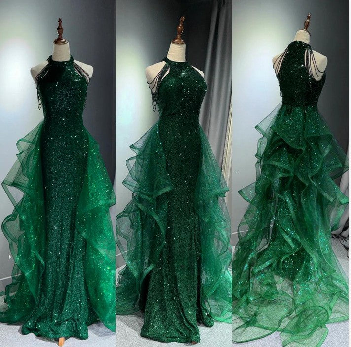 Elegant A-Line Halter Sparkly Sequins Long Prom Dresses Navy Blue Evening Dresses