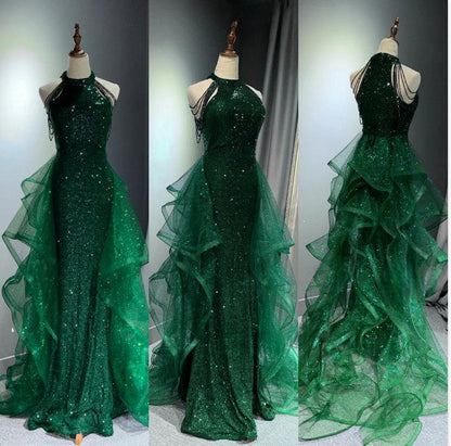 Elegant A-Line Halter Sparkly Sequins Long Prom Dresses Navy Blue Evening Dresses