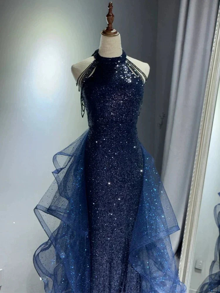 A-Line 🩵Midnight Blue Long Prom Dress for Quinceanera&Graduation -Halter Tulle&Sequin Formal Evening Dress