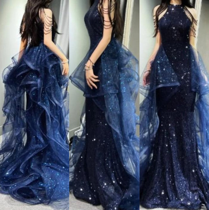 A-Line 🩵Midnight Blue Long Prom Dress for Quinceanera&Graduation -Halter Tulle&Sequin Formal Evening Dress