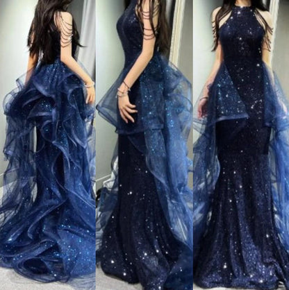 A-Line 🩵Midnight Blue Long Prom Dress for Quinceanera&Graduation -Halter Tulle&Sequin Formal Evening Dress