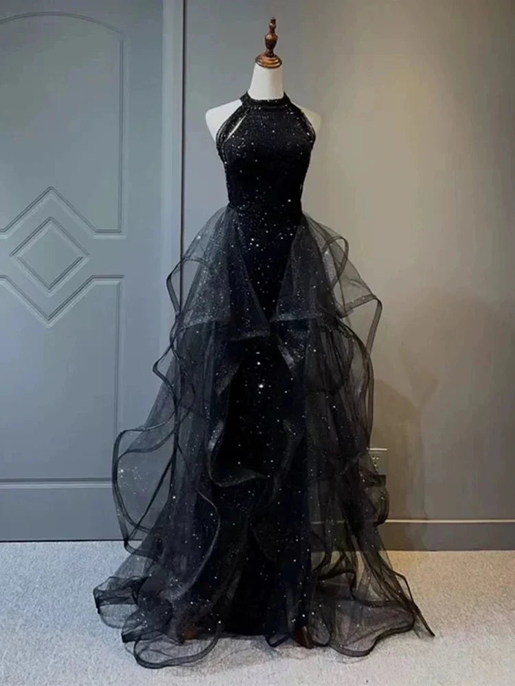 A-Line 🩵Midnight Blue Long Prom Dress for Quinceanera&Graduation -Halter Tulle&Sequin Formal Evening Dress