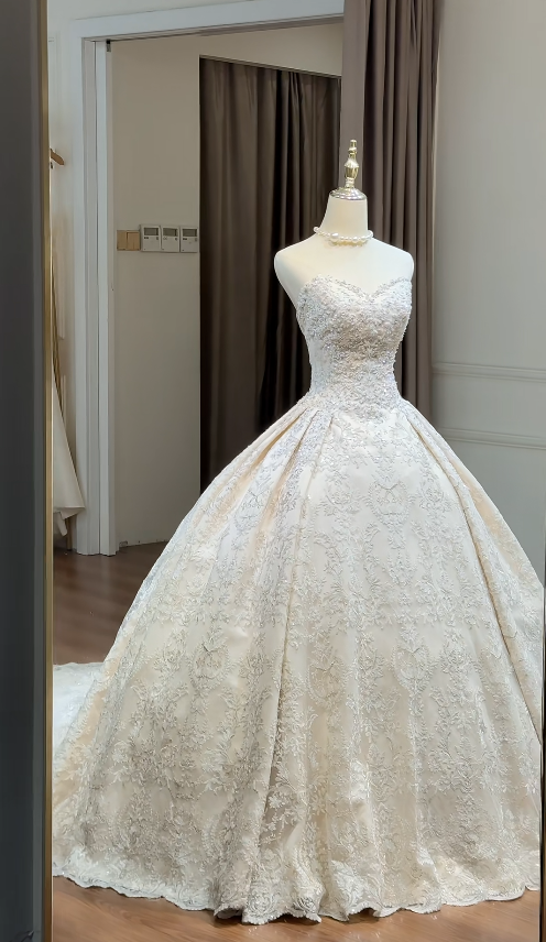 Elegant A-Line Long Wedding Dress Appliques Tulle Champagne Bridal Dress Sweetheart Sleeveless Bridal Gown