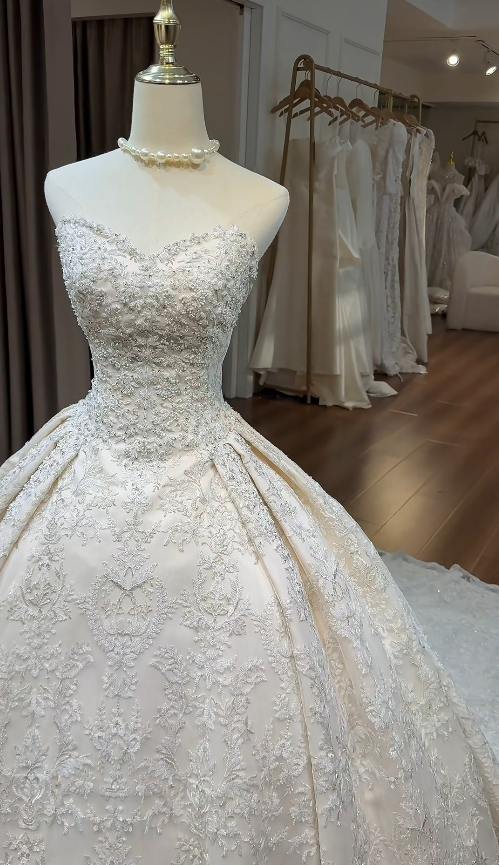 Elegant A-Line Long Wedding Dress Appliques Tulle Champagne Bridal Dress Sweetheart Sleeveless Bridal Gown