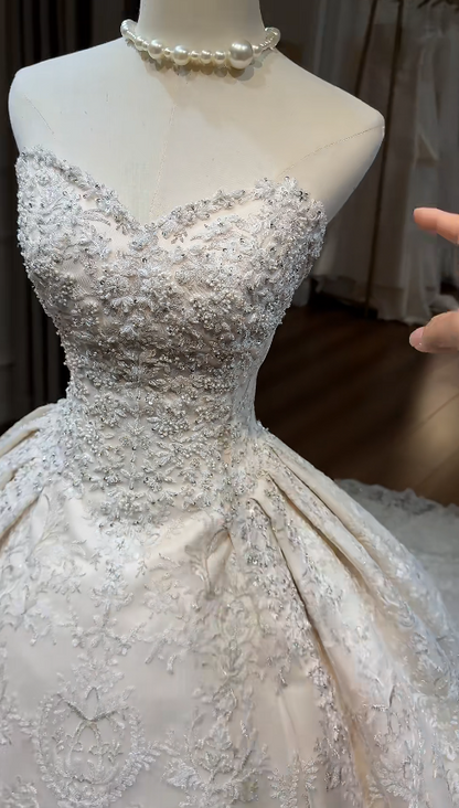 Elegant A-Line Long Wedding Dress Appliques Tulle Champagne Bridal Dress Sweetheart Sleeveless Bridal Gown