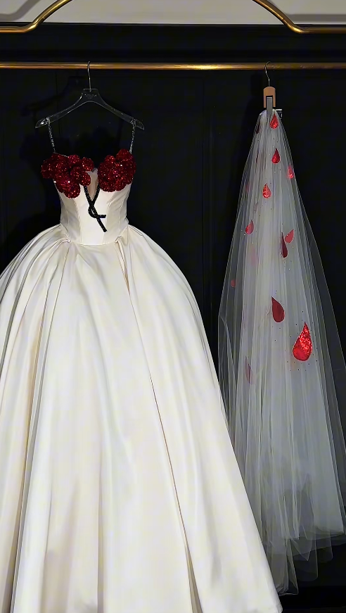 Elegant A-Line Long Wedding Dress Beaded Satin White Bridal Dress Strapless Bridal Gown