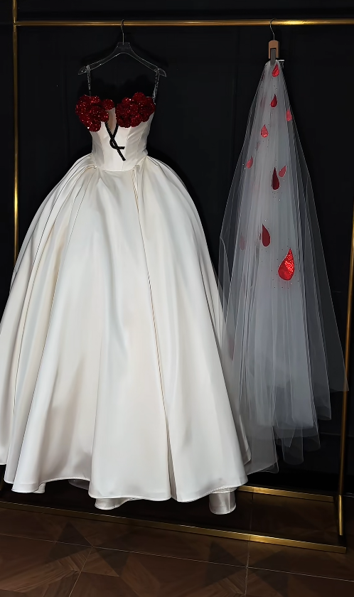 Elegant A-Line Long Wedding Dress Beaded Satin White Bridal Dress Strapless Bridal Gown