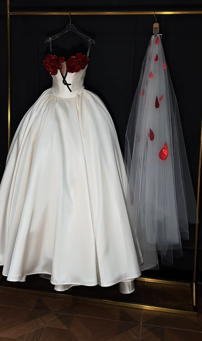 Elegant A-Line Long Wedding Dress Beaded Satin White Bridal Dress Strapless Bridal Gown