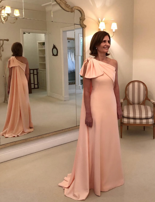 Elegant A Line One Shoulder Pink Satin Long Wedding Guest Dress