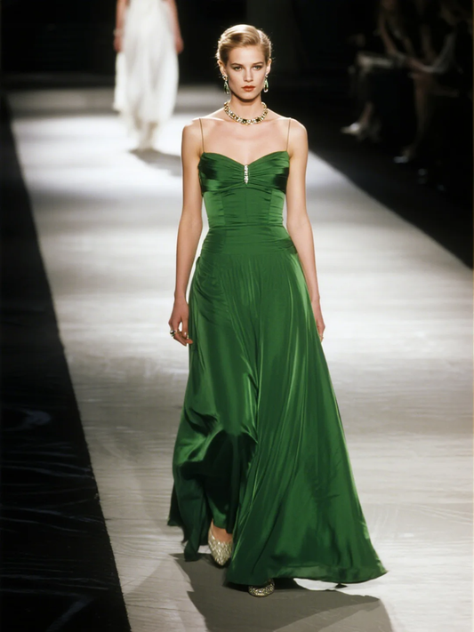 Elegant A Line Spaghetti Straps Emerald Satin Long Prom Dress Evening Dress
