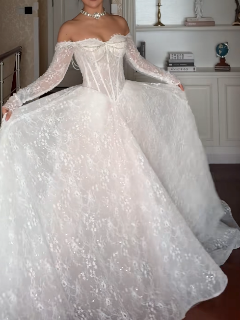 Elegant A-Line Train Wedding Dresses Off-shoulder Lace Bridal Gowns Long Sleeves Bridal Dresses