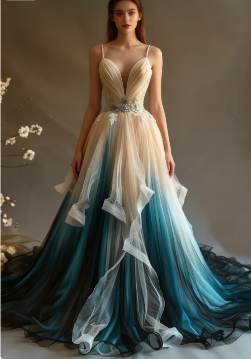 Elegant A-Line V-Neck Tulle Applique Long Prom Dress, Spaghetti Strap Vintage Evening Dress