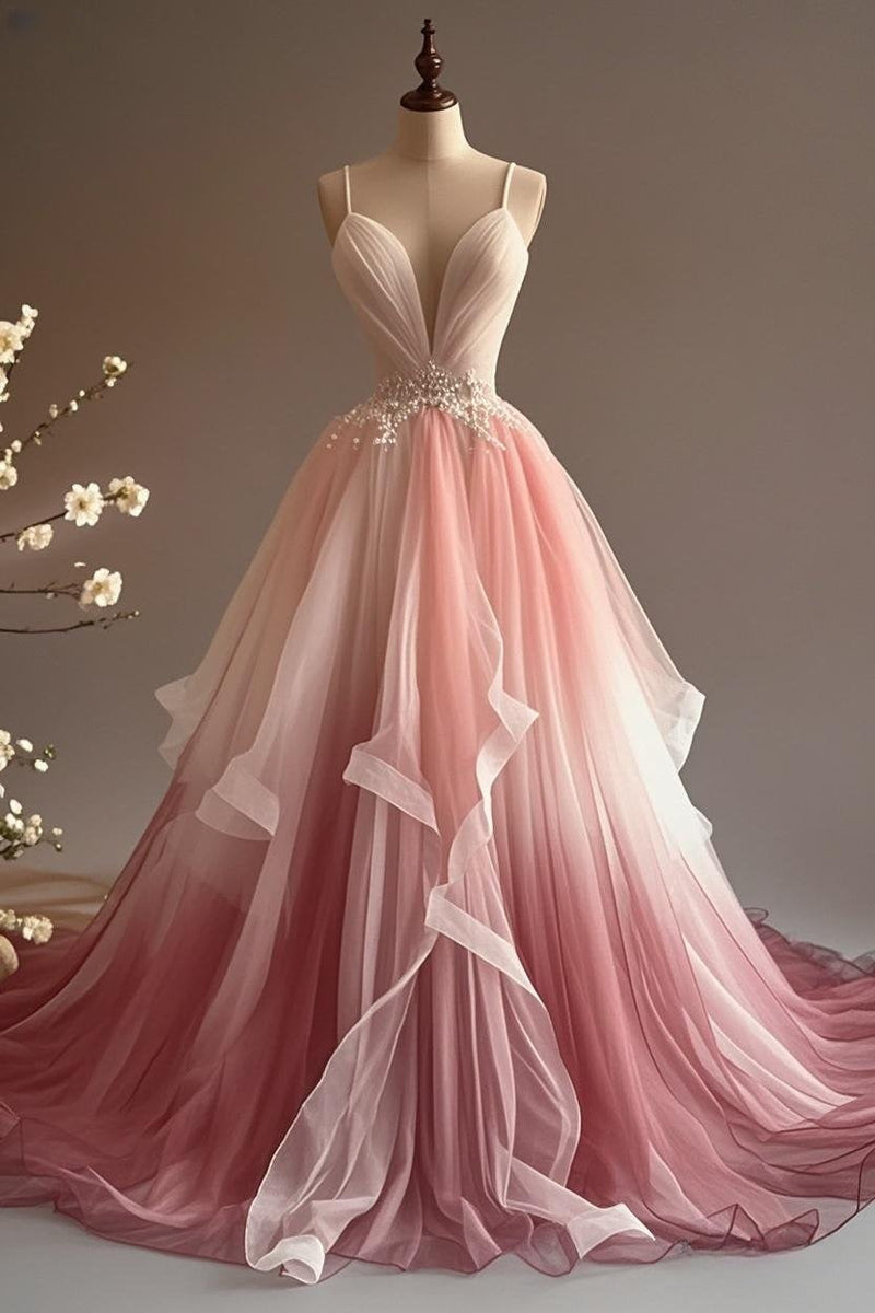 Elegant A-Line V-Neck Tulle Applique Long Prom Dress, Spaghetti Strap Vintage Evening Dress