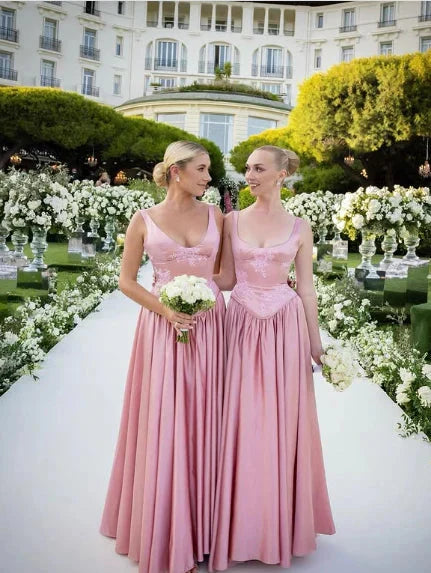 Elegant A Line V Neckline Bridesmaid Dresses Floor-Length Satin Long Pink Evening Dress Prom Dresses
