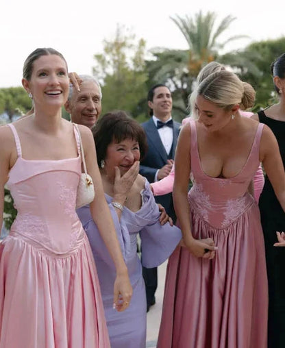 Elegant A Line V Neckline Bridesmaid Dresses Floor-Length Satin Long Pink Evening Dress Prom Dresses