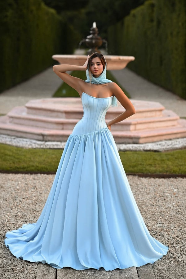 Elegant Baby Blue Strapless Prom Dress Sleeveless A-Line Floor Length Satin
