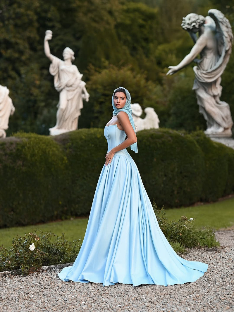 Elegant Baby Blue Strapless Prom Dress Sleeveless A-Line Floor Length Satin