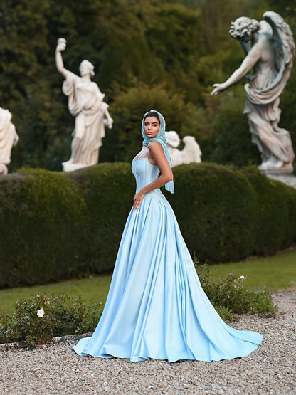Elegant Baby Blue Strapless Prom Dress Sleeveless A-Line Floor Length Satin
