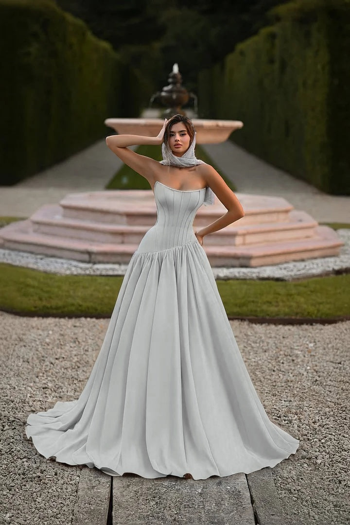 Elegant Baby Blue Strapless Prom Dress Sleeveless A-Line Floor Length Satin